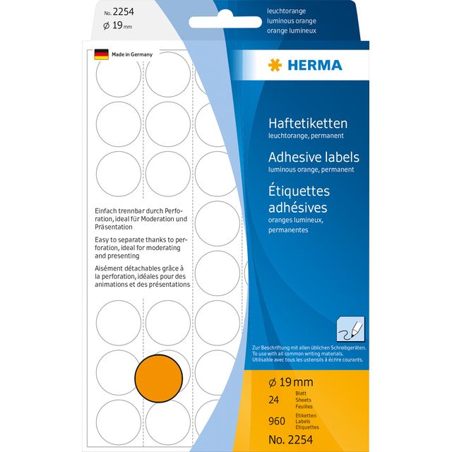 HERMA - Etichetta 2254 rotonda 19mm arancione fluorescente 960 pezzi