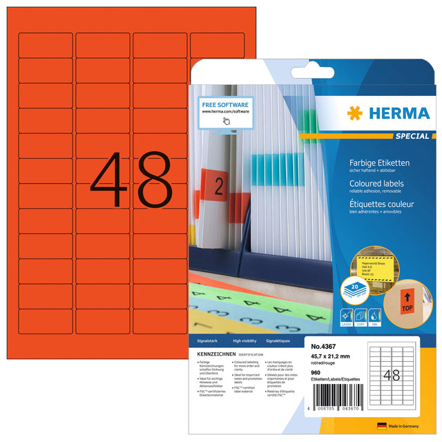 HERMA - Label 4367 45.7x21.2mm removable red 960 labels | 32 pieces
