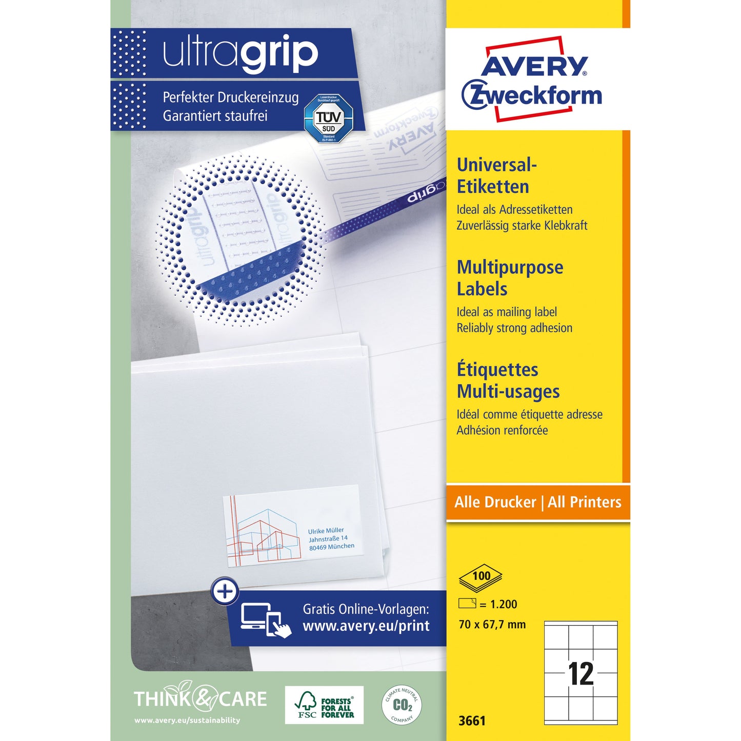 Avery Zweckform - Etiket avery 3661 70x67.7mm wit 1200st