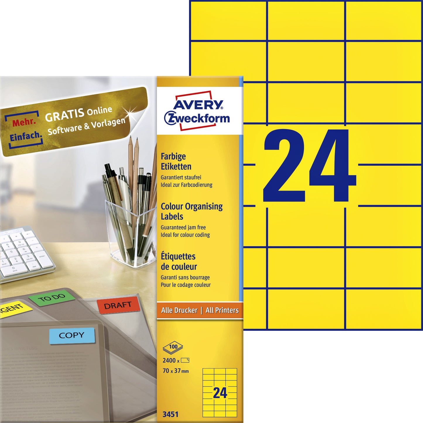 Avery Zweckform - Etikett Zweckform 3451 70x37mm gelb 2400 Stück