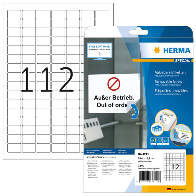 HERMA – Etikett 4211, 25,4 x 16,9 mm, ablösbar, weiß, 2800 Etiketten