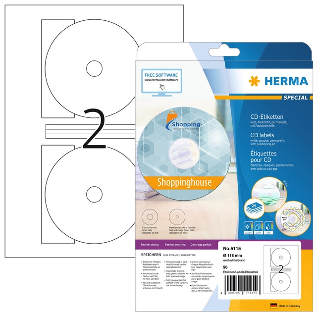 HERMA - Etiket 5115 cd 116mm wit 50st