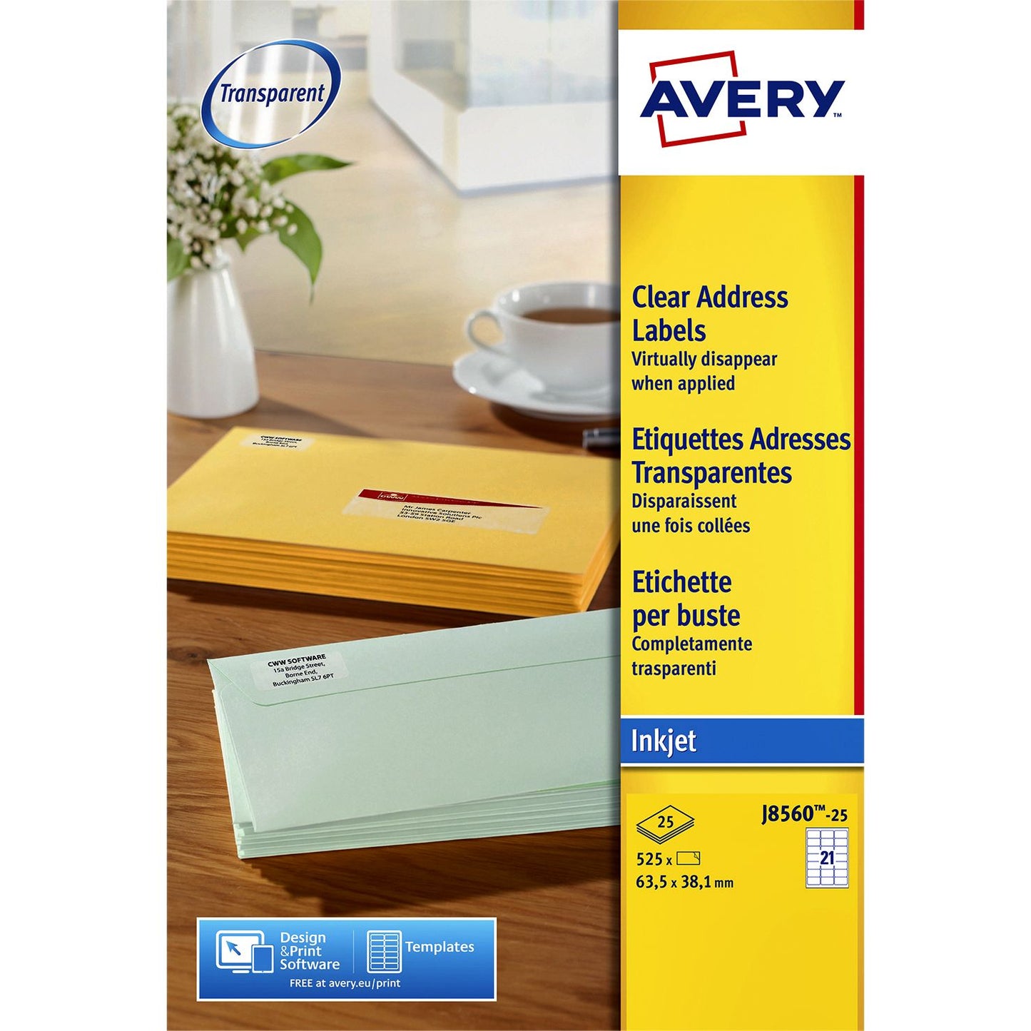 Avery - Etiket J8560-25 63.5x38.1mm transparant 525 etiketten