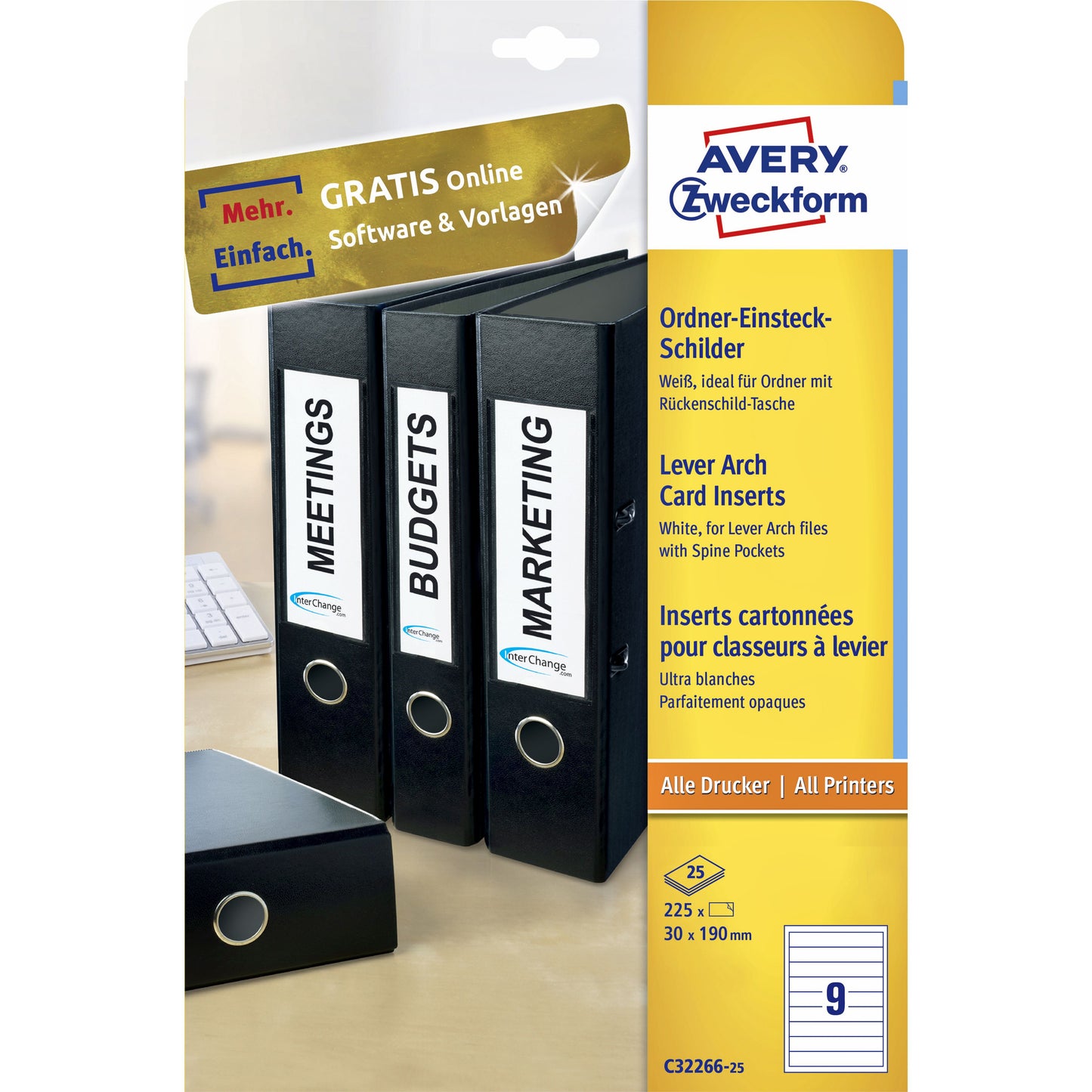 Avery Zweckform - Cartoncino inserto dorso Zweckform stretto 30x190mm bianco 25 fogli