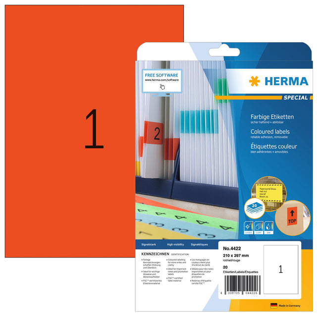 HERMA - Etikett 4422 210x297mm A4 ablösbar rot 20 Stück