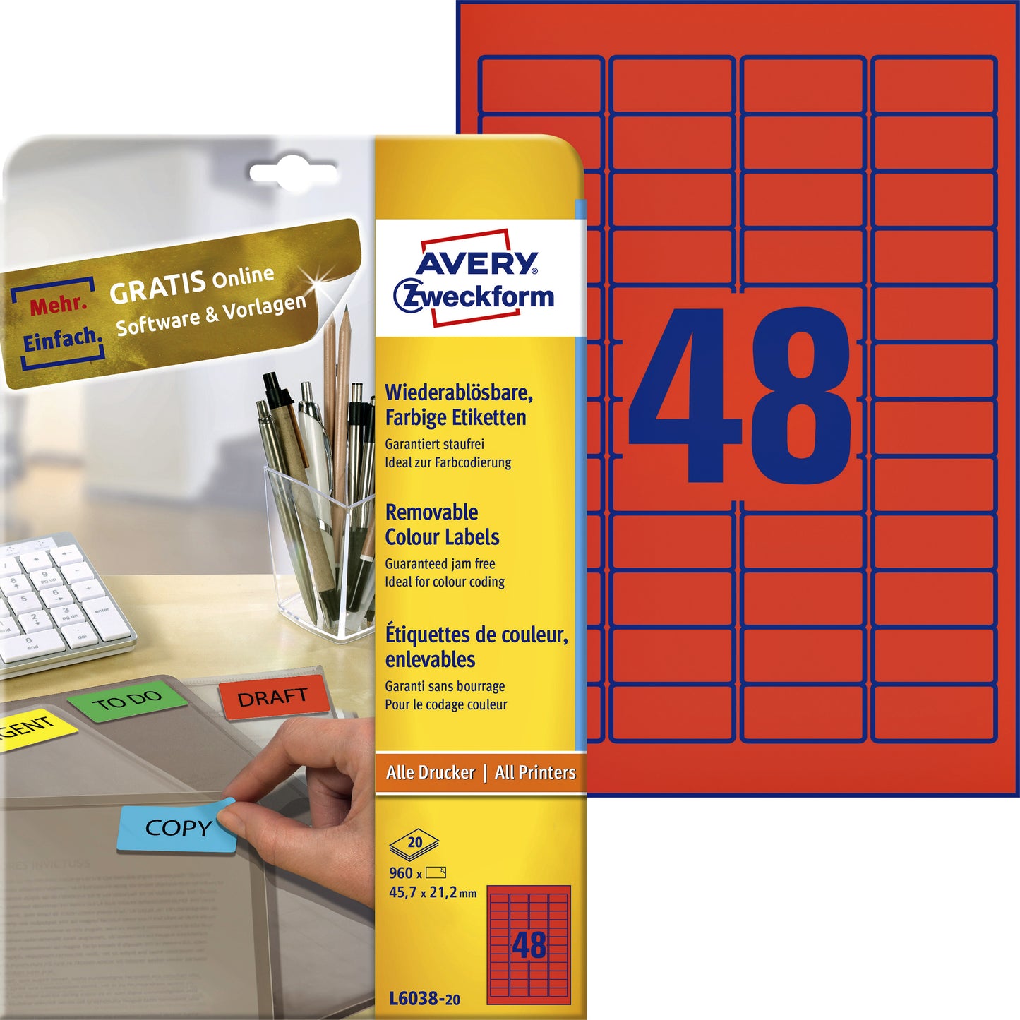 Avery Zweckform - Etiket Zweckform L6038-20 45.7x21.2mm rood 960 stuks