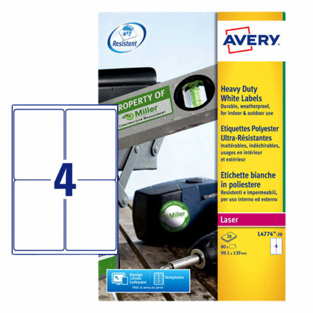 Avery - Etiket L4774-20 99.1x139mm polyester wit 80 etiketten