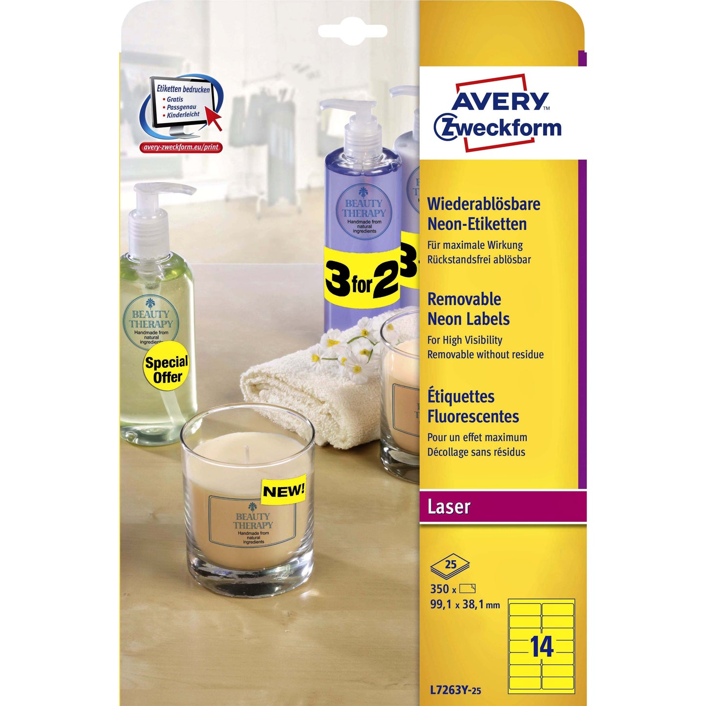 Avery - Etiket L7263Y-25 99.1x38.1mm neon geel 350 etiketten