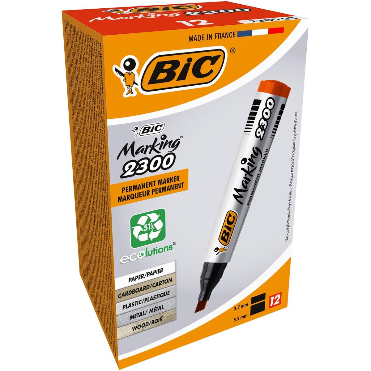 Bic - pennarello indelebile Marking 2300 ECOlutions, rosso, scatola da 12 pezzi
