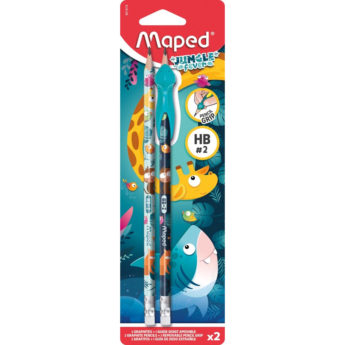 Maped - lápiz de grafito Jungle Fever HB con goma de borrar, + ayuda de aprendizaje, blister de 2 piezas, surtido