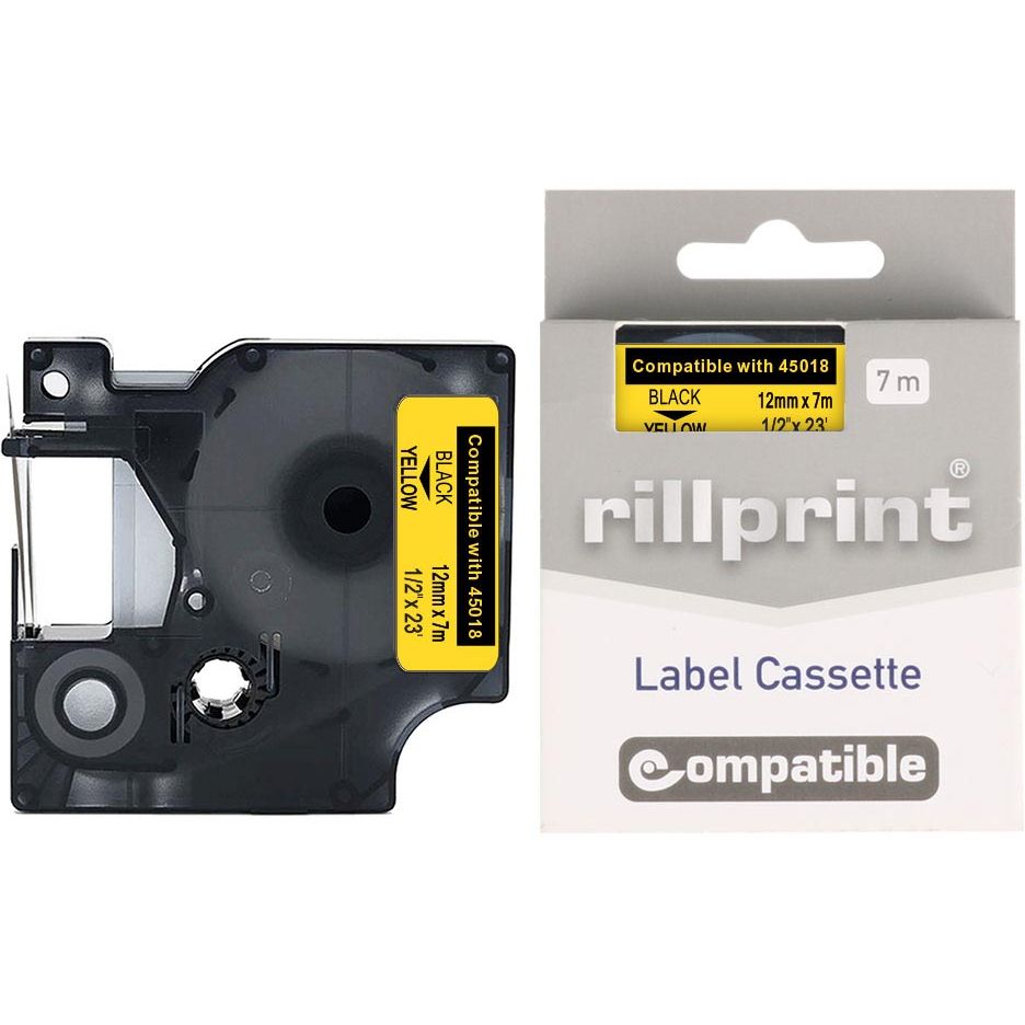 Rillprint – kompatibel D1 e für 45018, 12 mm, schwarz auf gelb