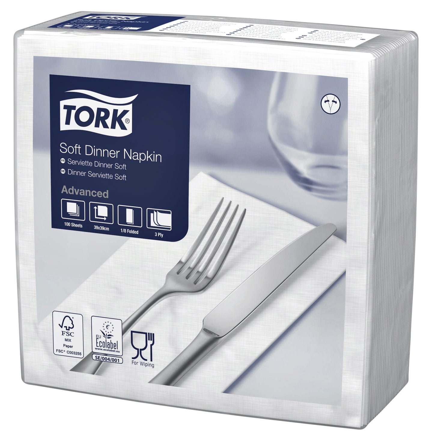 Tork - Servilleta de cena Advanced Plegado 1/8 3 capas 395x390mm 100 hojas blanco 477579