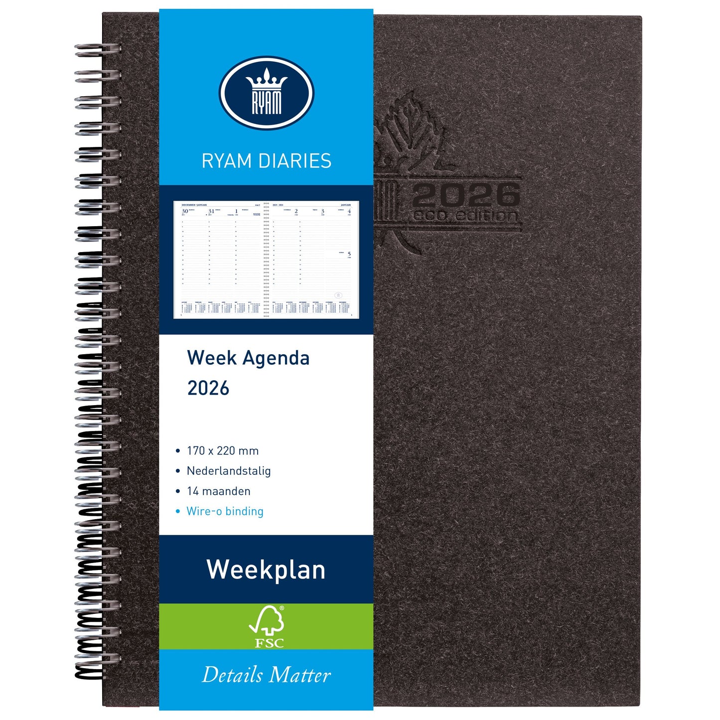 Ryam - Agenda 2027 weekplan wire-o 7d/2p zwart