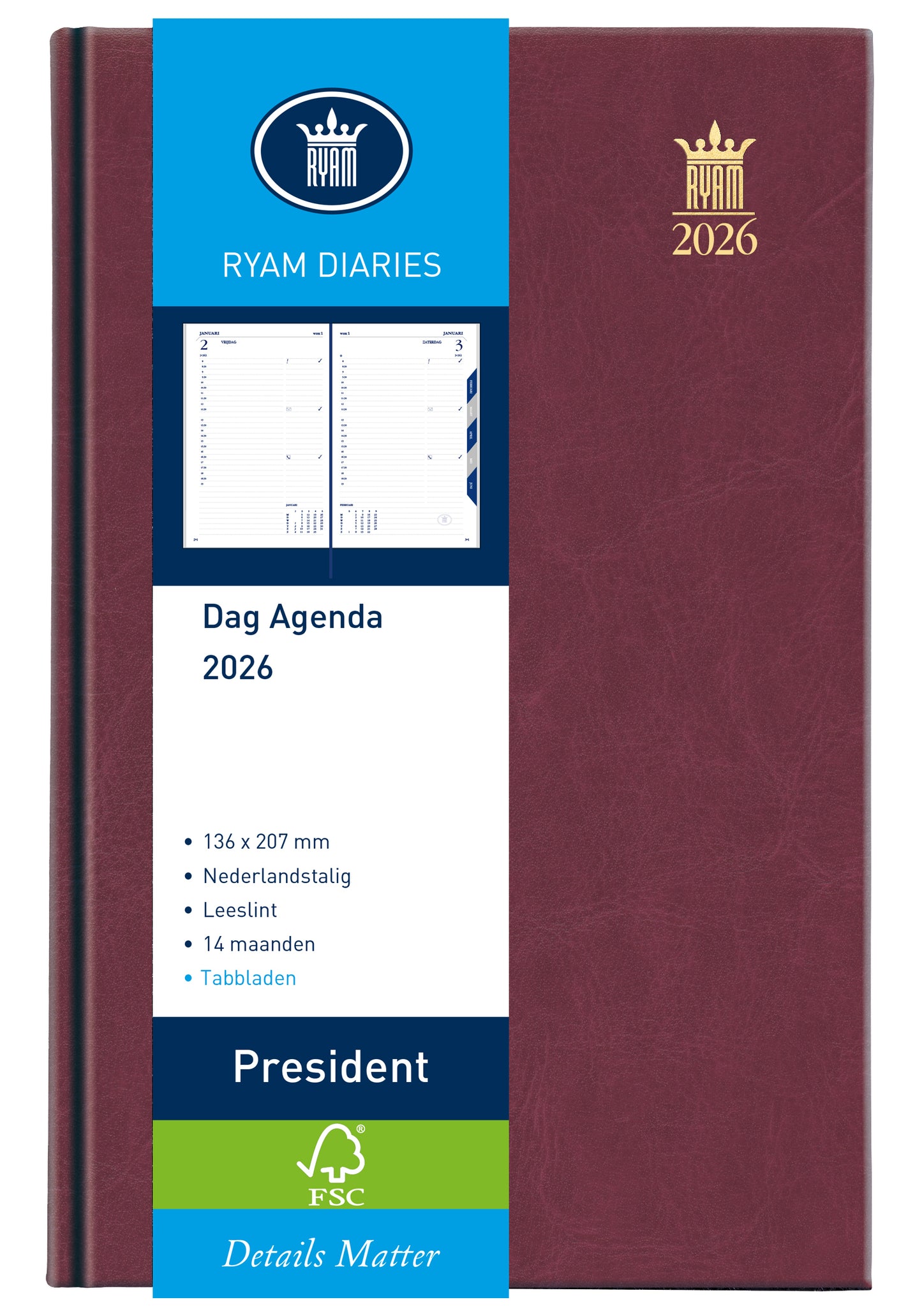 Ryam - Agenda 2026 Presidente 1 día/1 página burdeos