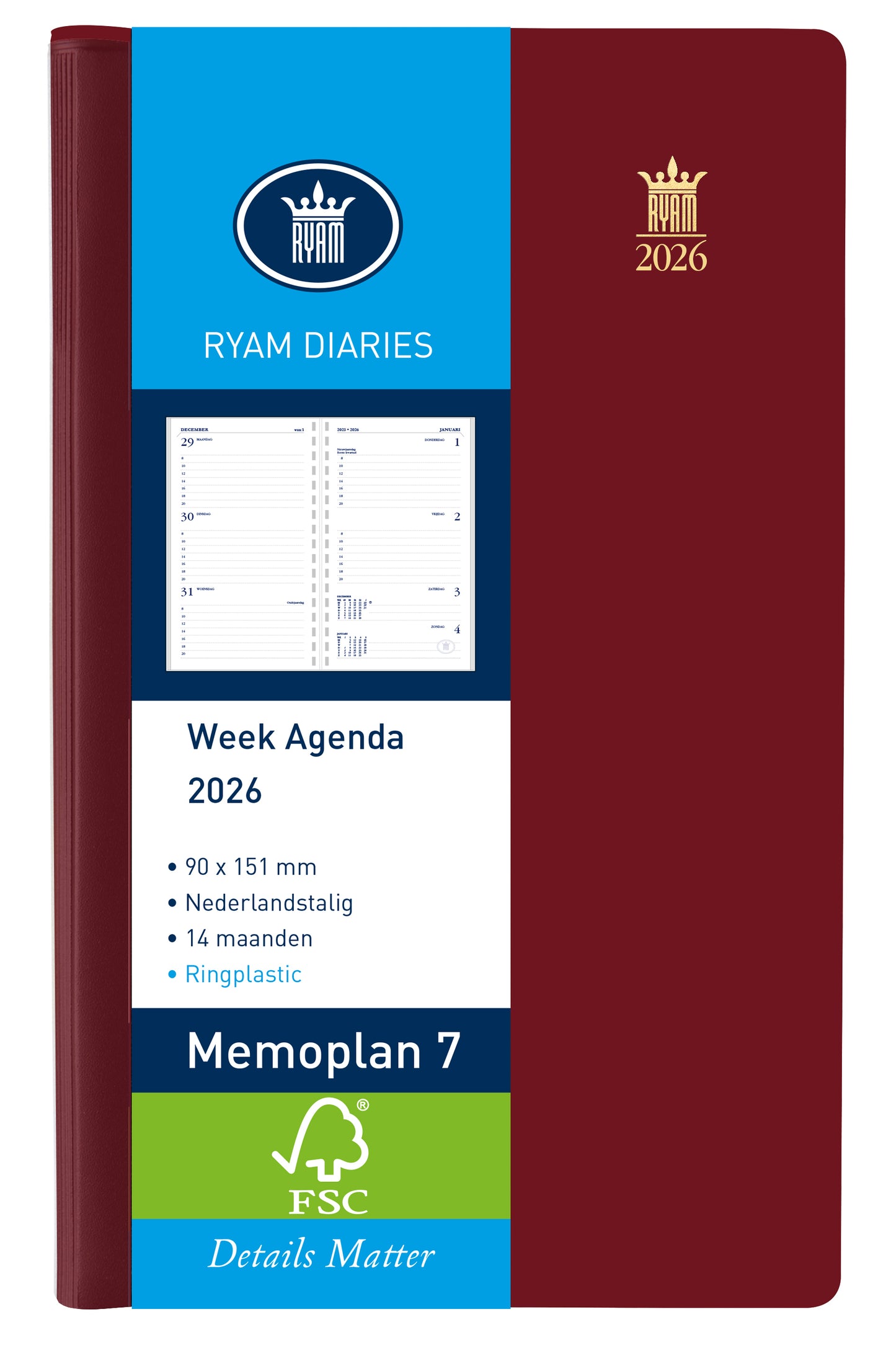 Ryam - Agenda 2026 Memoplan 7 Suprema Ringplasic 7 Tage/2 Seiten Burgunderrot