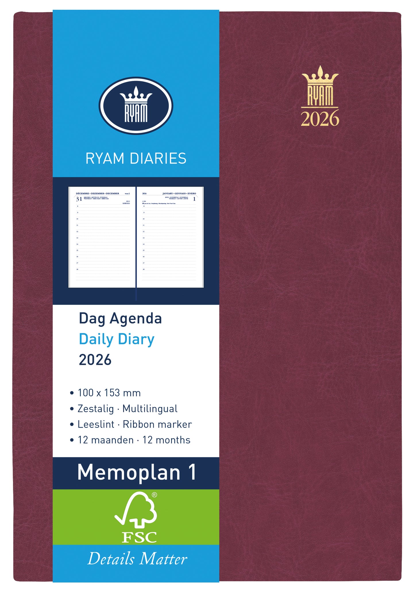 Ryam - Agenda 2026 memo plan 1 mundior 1d/1p bordeaux