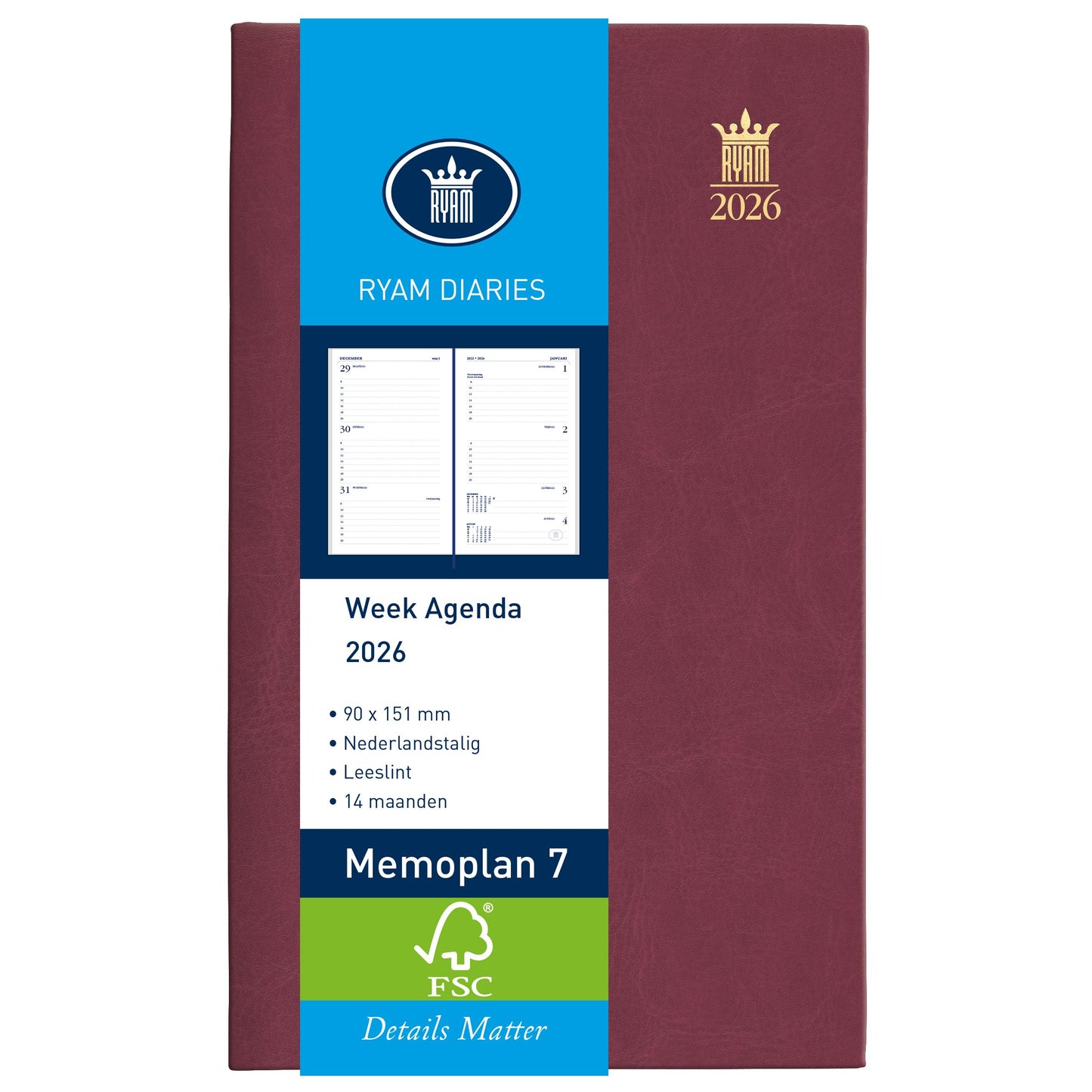 Ryam - Agenda 2026 Memo plan 7 Suprema 7 giorni/2 pagine bordeaux