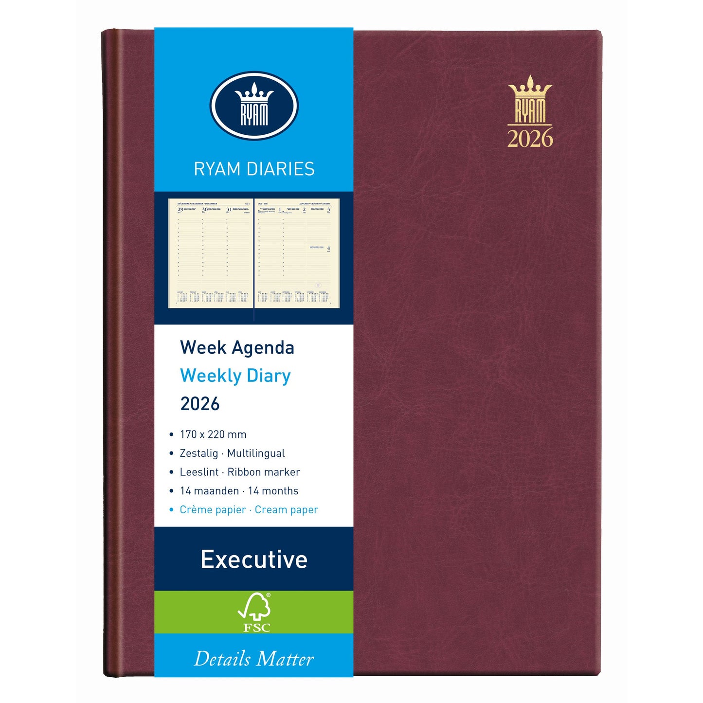 Ryam – Agenda 2026 Executive Mundior 7 Tage/2 Seiten Burgunderrot