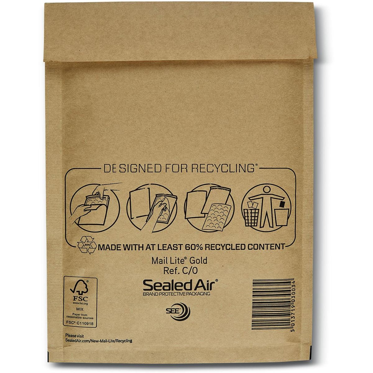 Mail Lite - luchtkussenenveloppen, goud, C/0, 150 x 210 mm, doos van 200 stuks