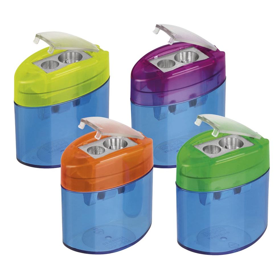M+R - potloodslijper Neo Light, 2-gaats, met reservoir, doos met 10 stuks in geassorteerde kleuren