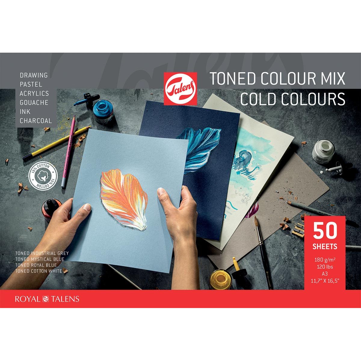 Talens - gekleurd tekenpapier, 180 g, ft 29,7 x 42 cm, A3, geassorteerde koude kleuren, blok van 50 vel