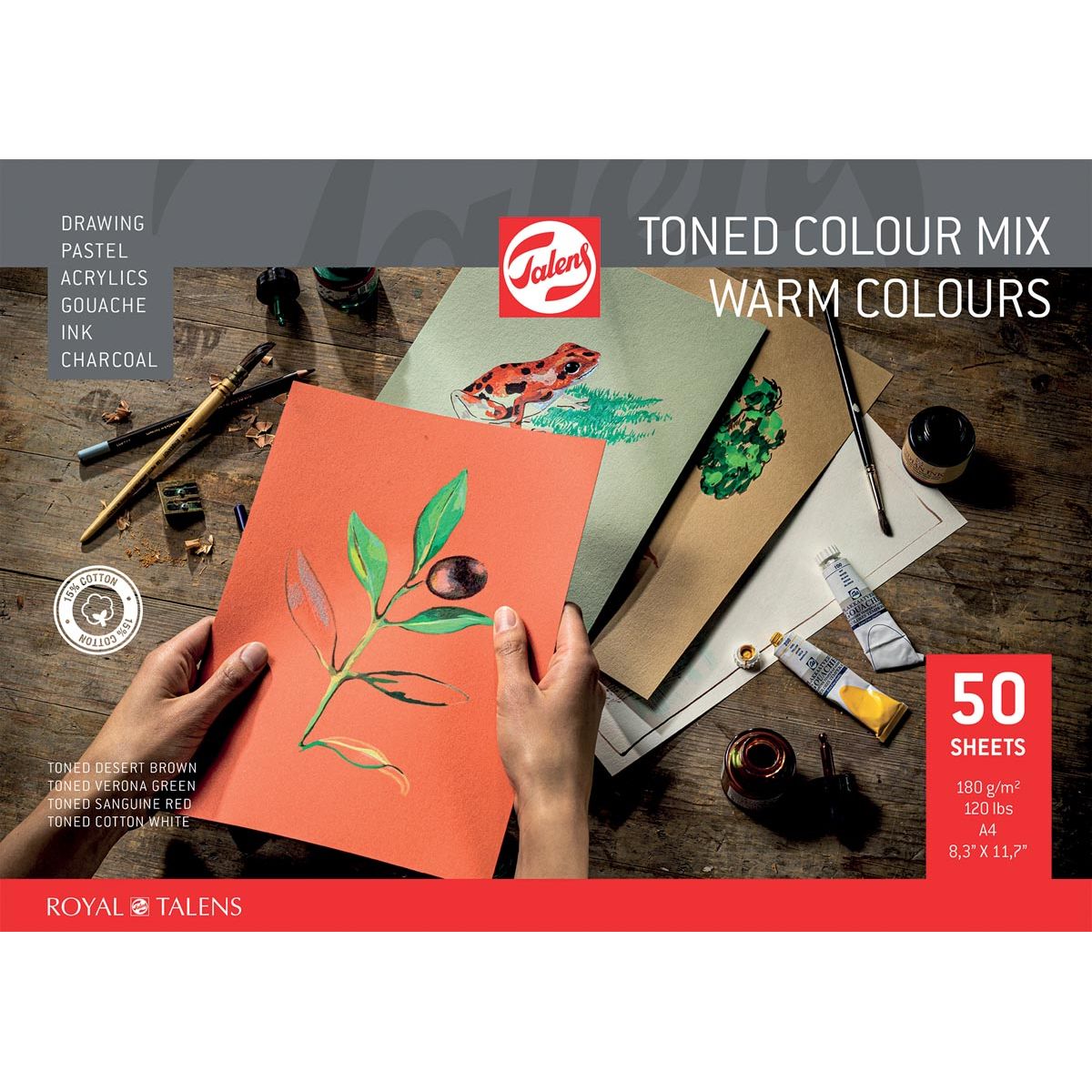 Talens - gekleurd tekenpapier, 180 g, ft 21 x 29,7 cm, A4, geassorteerde warme kleuren, blok van 50 vel