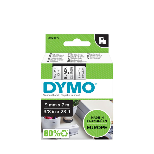 Dymo - Labele LabelManager D1 poliéster 9mm negro sobre transparente | 5 piezas