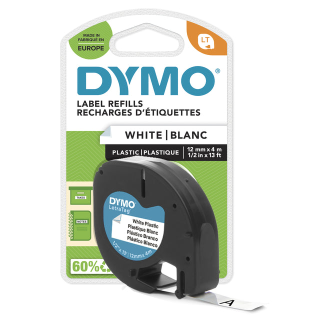 Dymo - Labele letratag plastic 12mm wit | 10 stuks