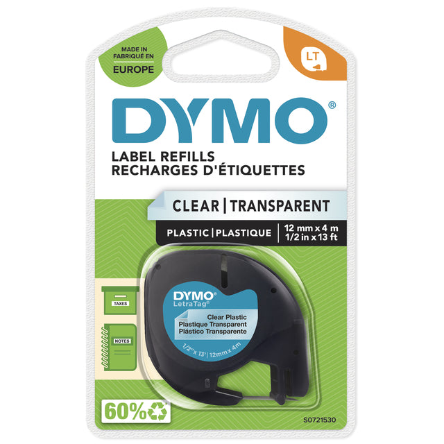 Dymo - Labele LetraTag plastique 12mm noir sur transparent