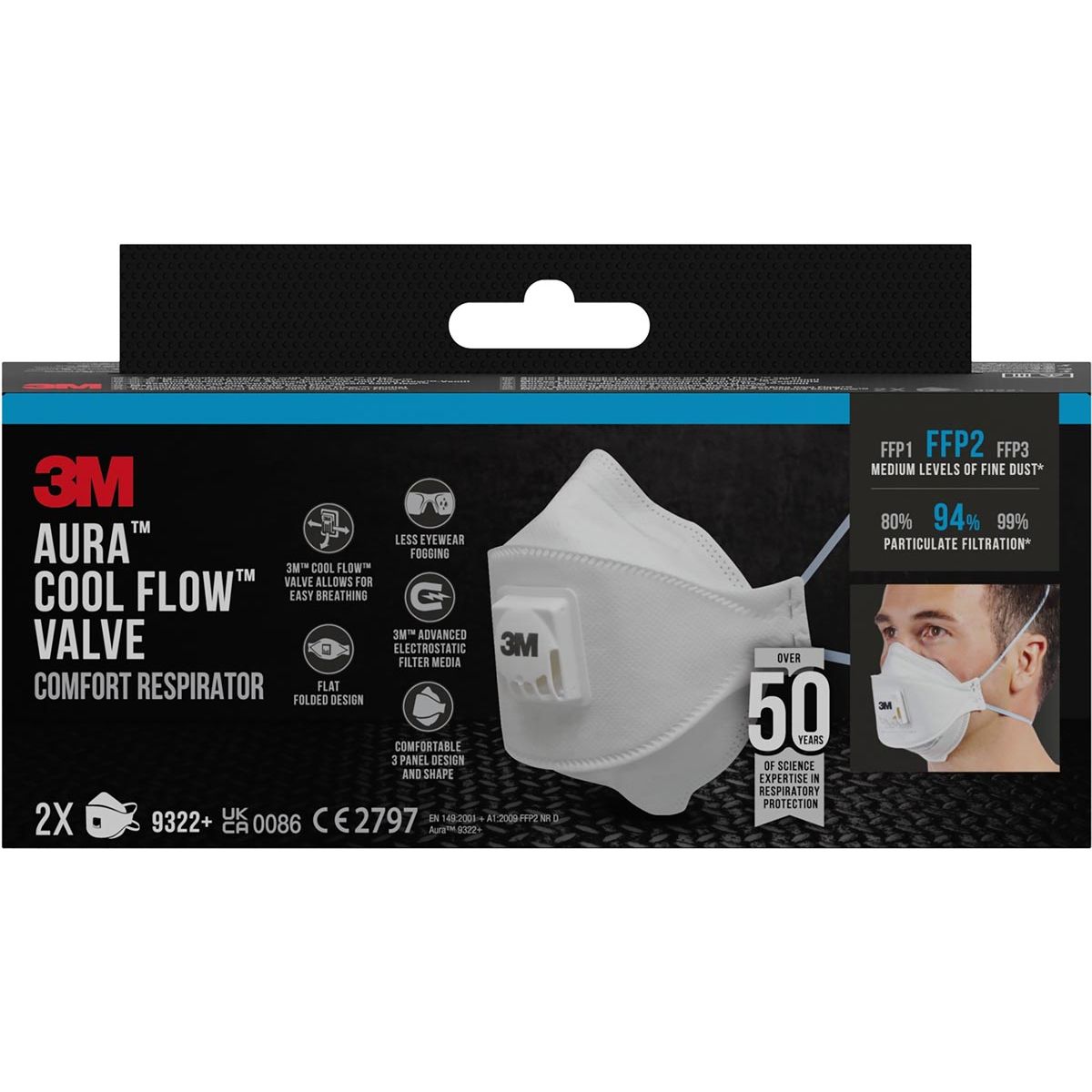 3M - Aura Comfort Cool Flow stofmasker, FFP2, met ventiel, pak van 2 stuks
