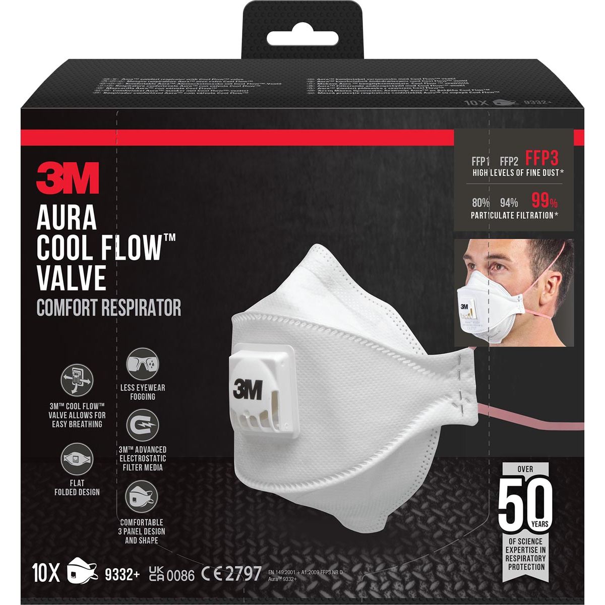 3M - Aura Comfort Cool Flow stofmasker, FFP3, met ventiel, pak van 10 stuks