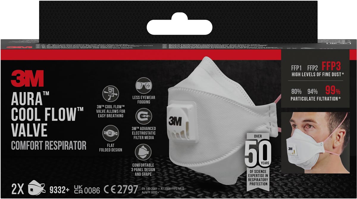 3M - Aura Comfort Cool Flow stofmasker, FFP3, met ventiel, pak van 2 stuks