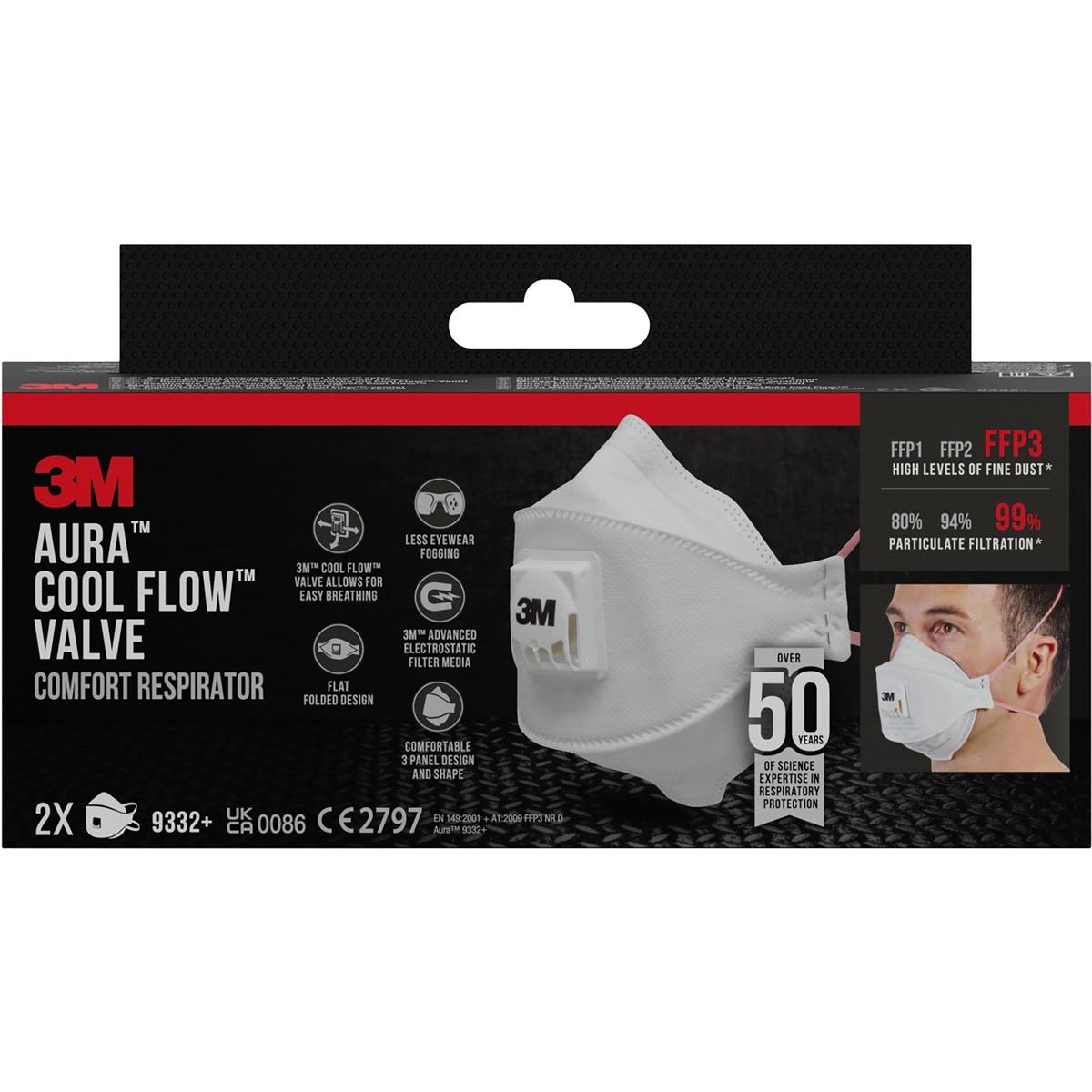 3M - Aura Comfort Cool Flow stofmasker, FFP3, met ventiel, pak van 2 stuks