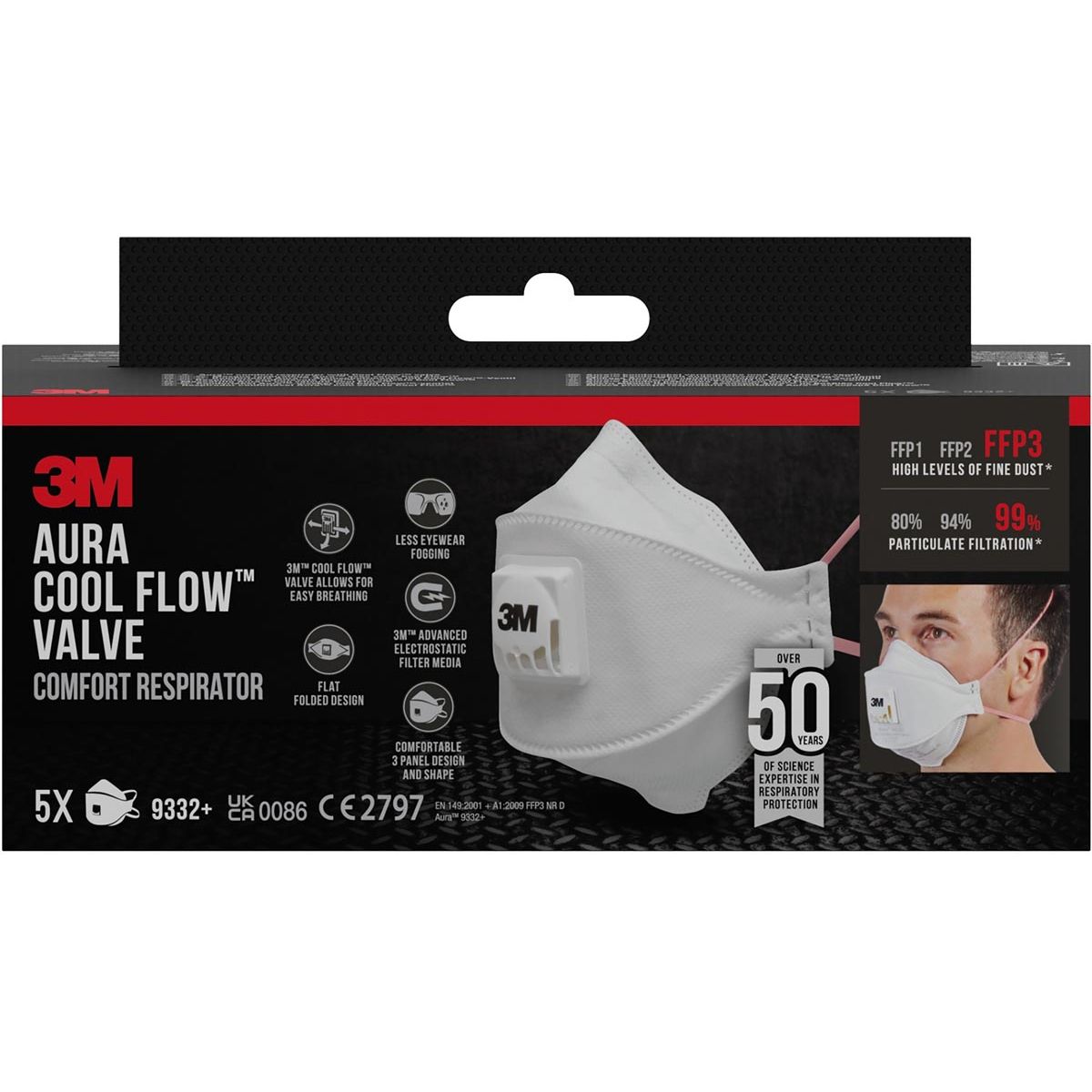 3M - Aura Comfort Cool Flow stofmasker, FFP3, met ventiel, pak van 5 stuks