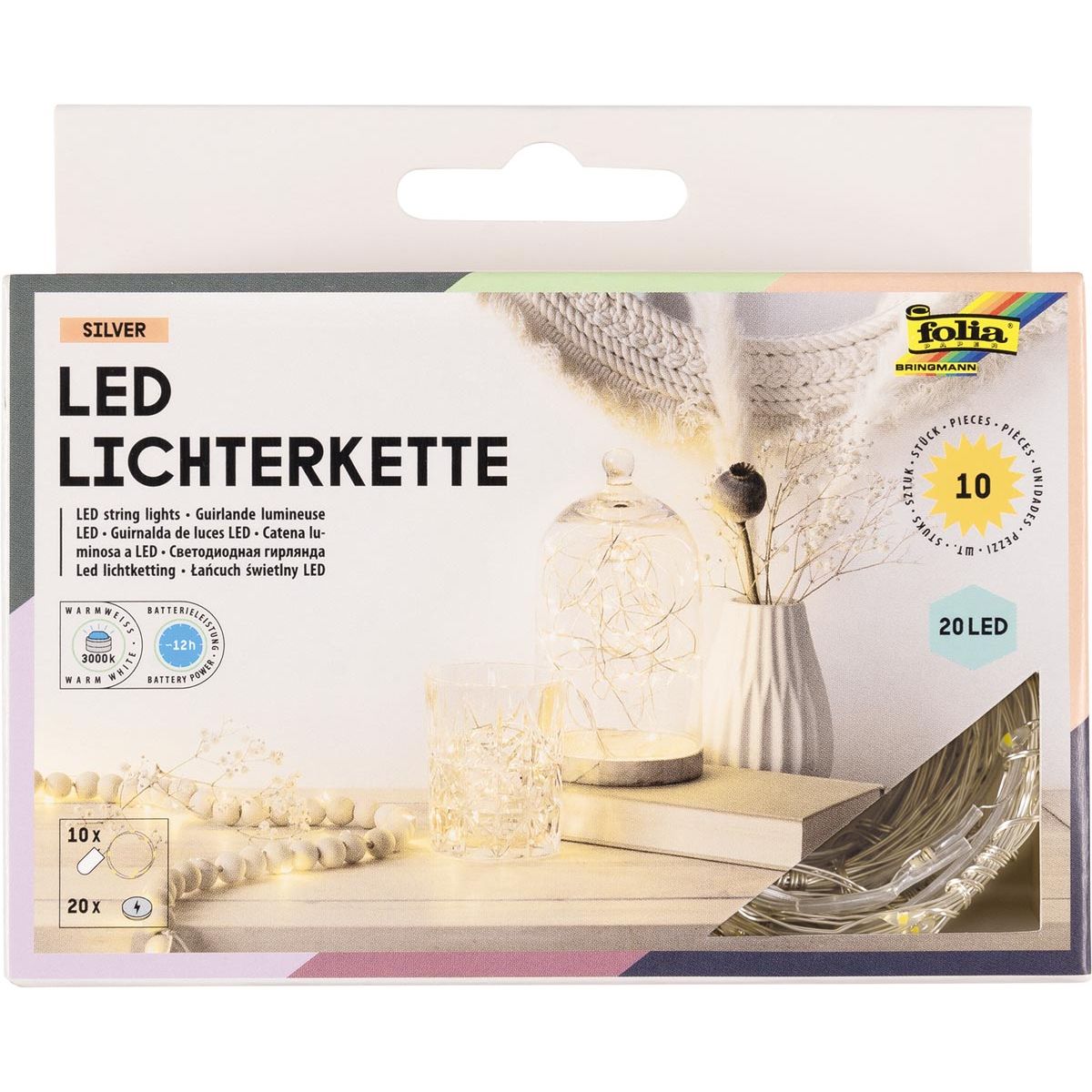 Folia - lichtslinger LED, 20 LED's, 2,20 m, op batterijen, pak van 10 stuks