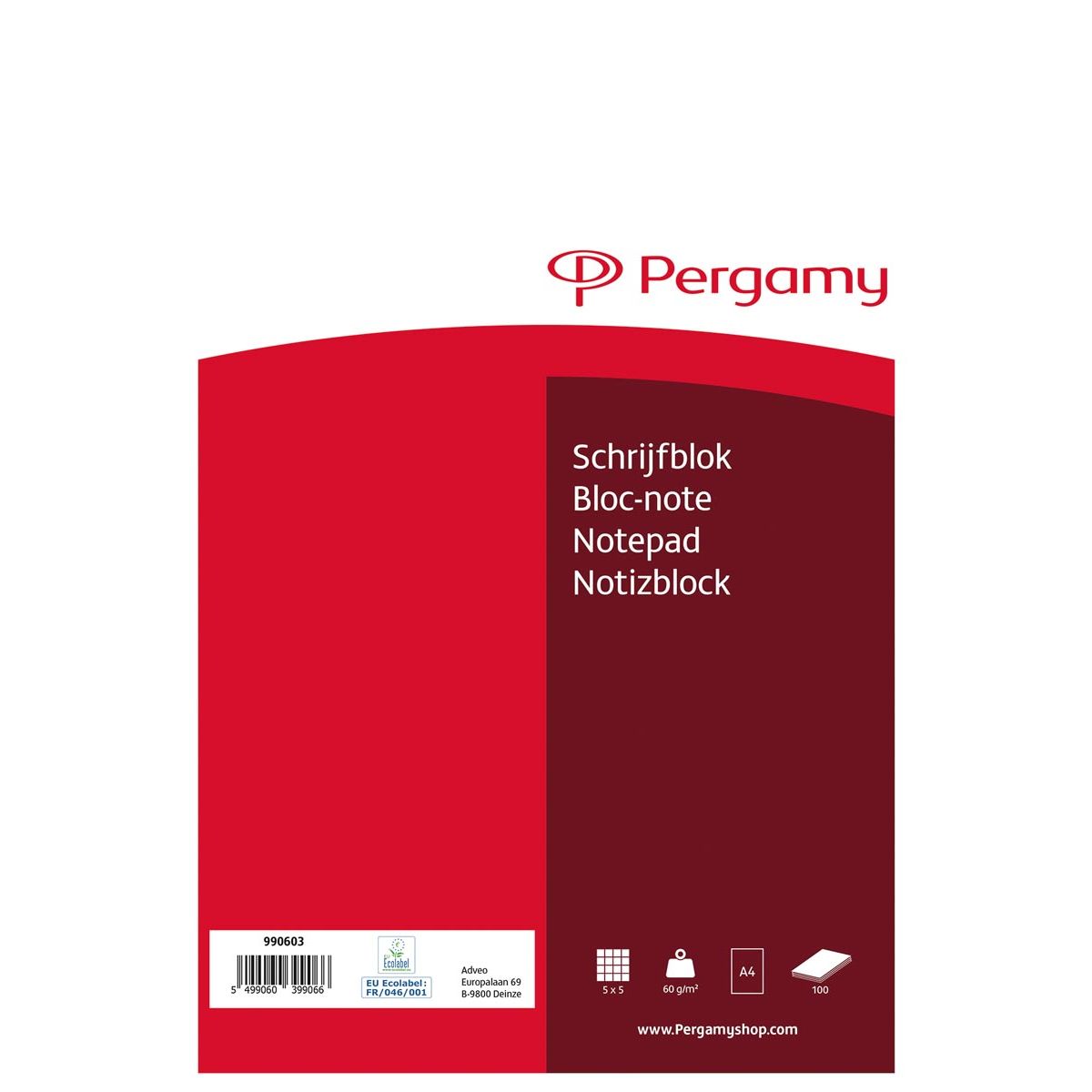 Pergamy - schrijfblok, 60 g/m², ft A4, 100 vel, geruit 5 mm