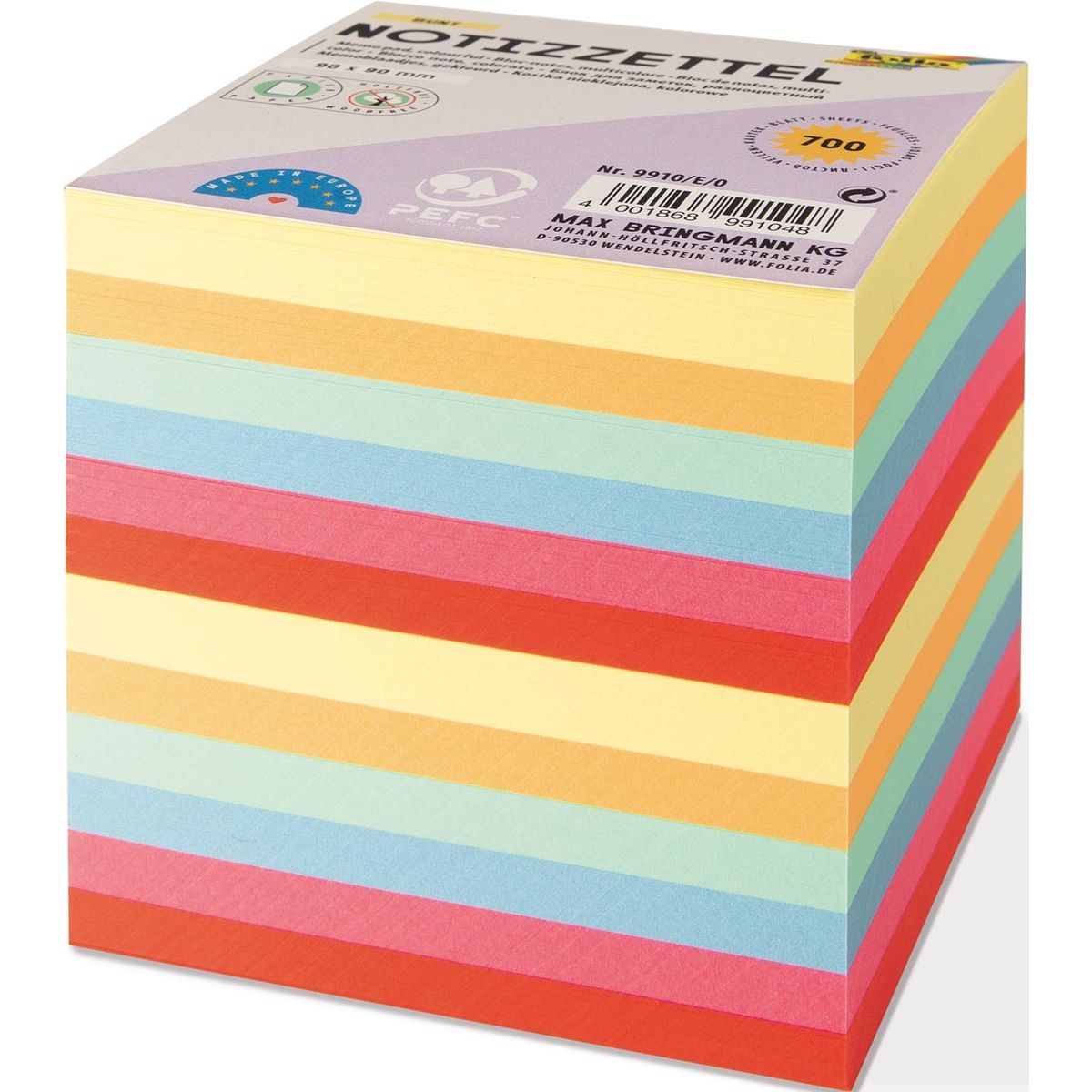 Folia - Notizen, ft 90 x 90 mm, Nachfüllung für Notizwürfel, farbig sortiert