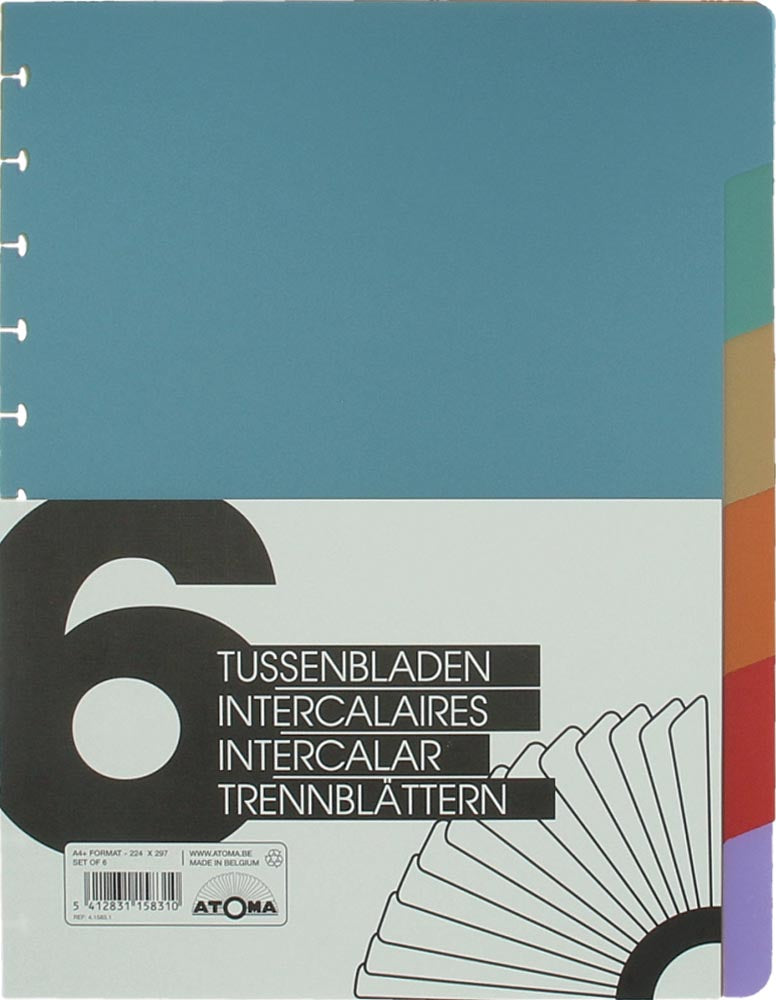 Atoma - tabbladen, voor A4 schriften, uit PP, set van 6, geassorteerde kleuren