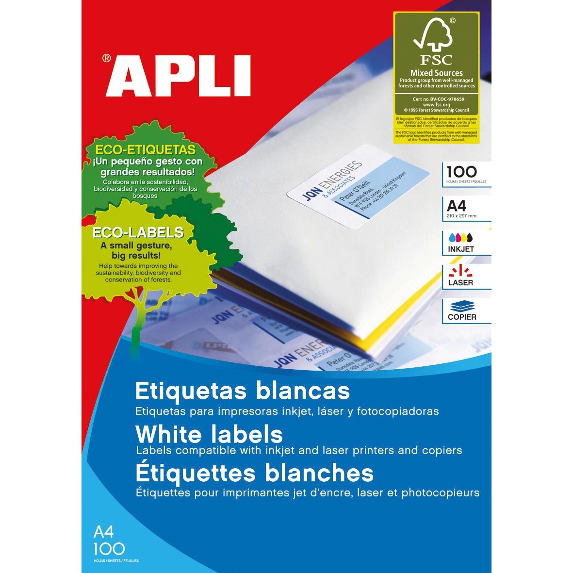 Apli – weiße Etiketten ft 105 x 35 mm (B x H), 1.600 Stück, 16 pro Blatt (1287)
