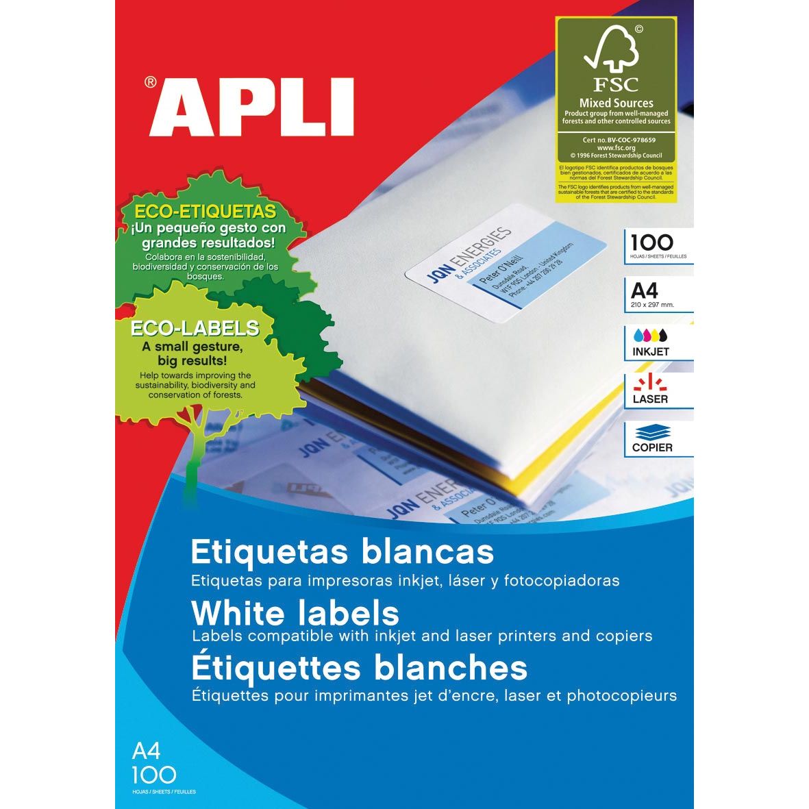 Apli – Weiße Etiketten, 99,1 x 38,1 mm (B x H), 1.400 Stück, 14 pro Blatt (2419)
