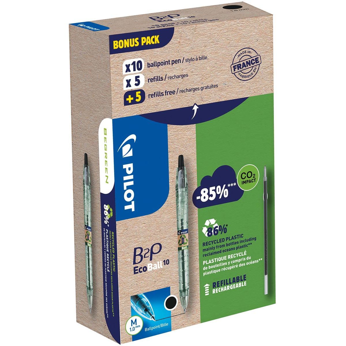 Pilot - Bolígrafo Ecoball B2P BeGreen, punta media, 0,3 mm 10 piezas + 10 recambios, negro