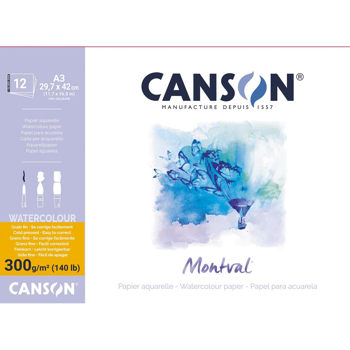 Canson - Papier aquarelle Montval, blanc grain fin 300 g/m², pi A3, bloc de 12 feuilles