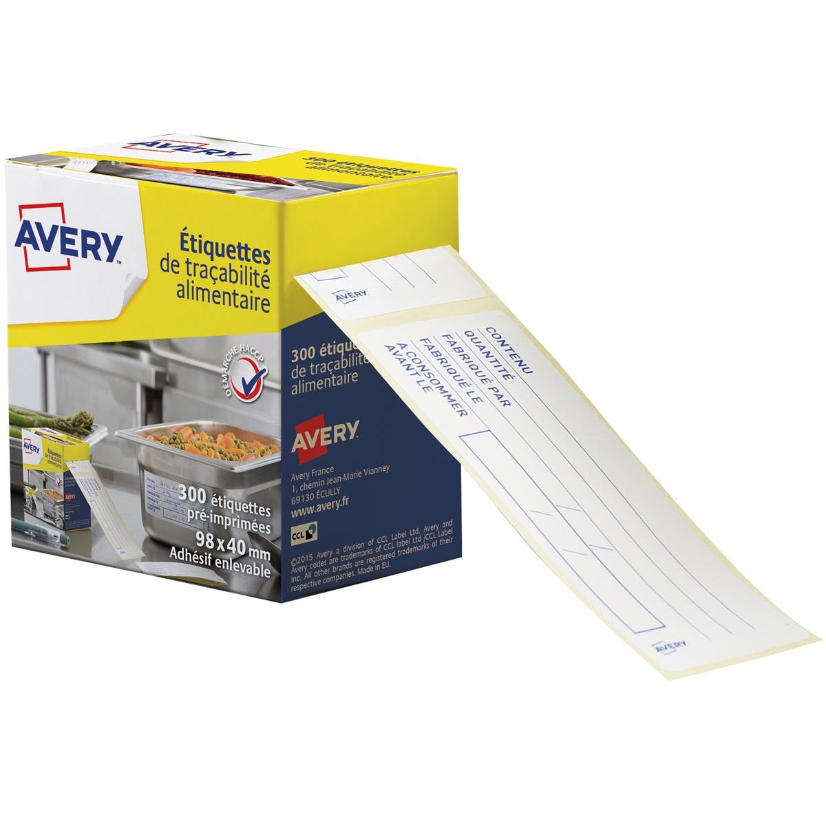 Avery - Étiquettes de codage alimentaire, ft 98 x 40 mm, 1 rouleau de 300 étiquettes détachables dans un distributeur, français