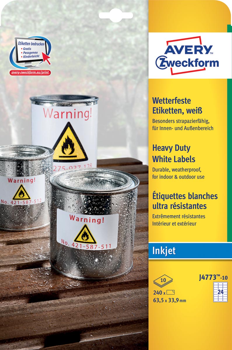 Avery Zweckform - Zweckform J4773-10 wetterfeste Etiketten ft 63,5 x 33,9 mm (B x H), 2.400 Etiketten, weiß
