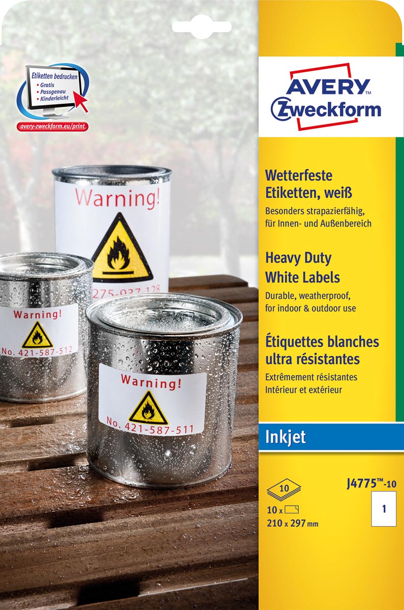 Avery Zweckform - weerbestendige etiketten ft 210 x 297 mm (b x h), 10 stuks, 1 per vel