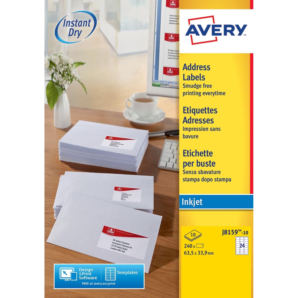 Avery - J8159-10 adresetiketten ft 63,5 x 33,9 mm (b x h), 240 etiketten, wit