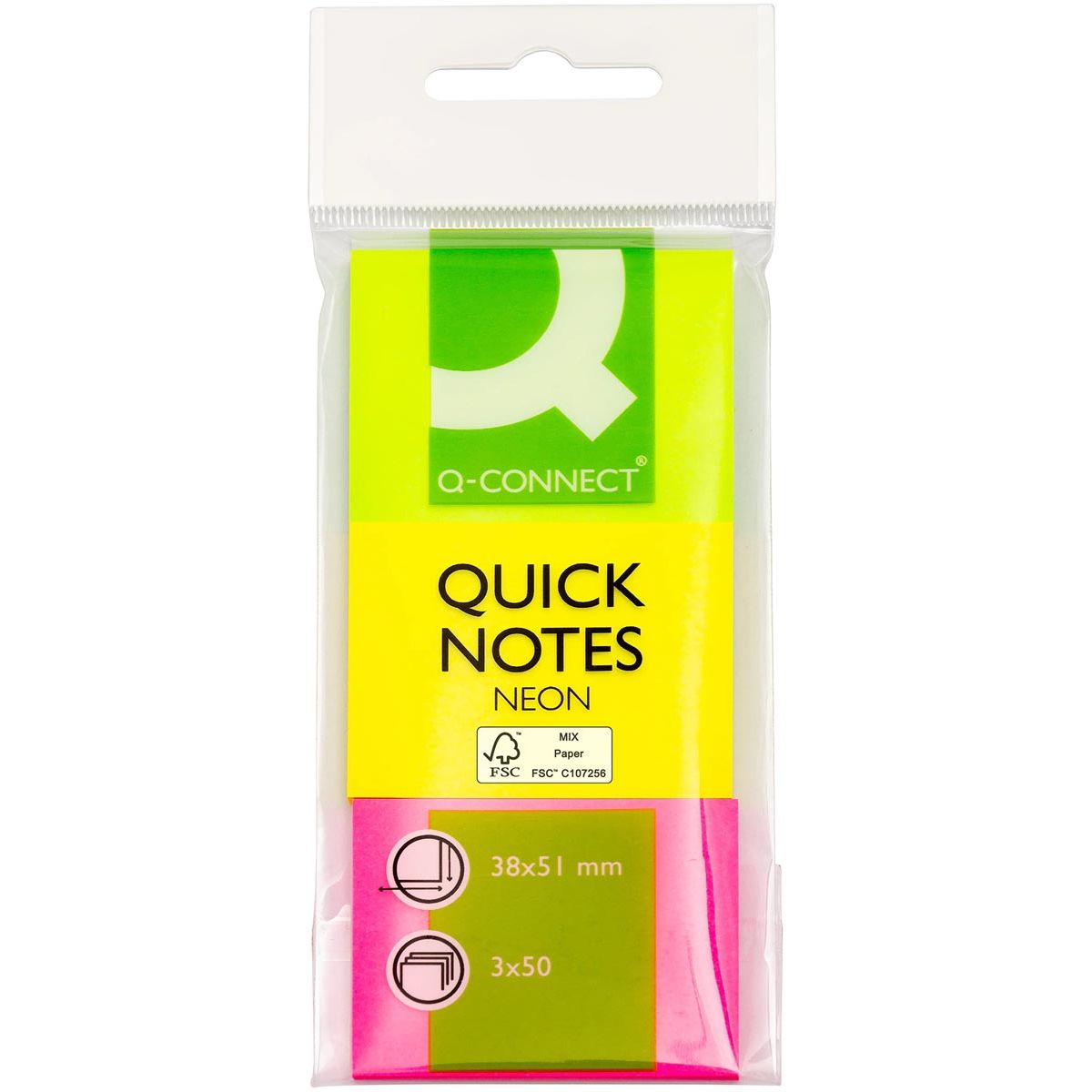 Q-CONNECT - Quick Notes, pies 38 x 51 mm, 50 hojas, caja de 3 bloques en colores neón