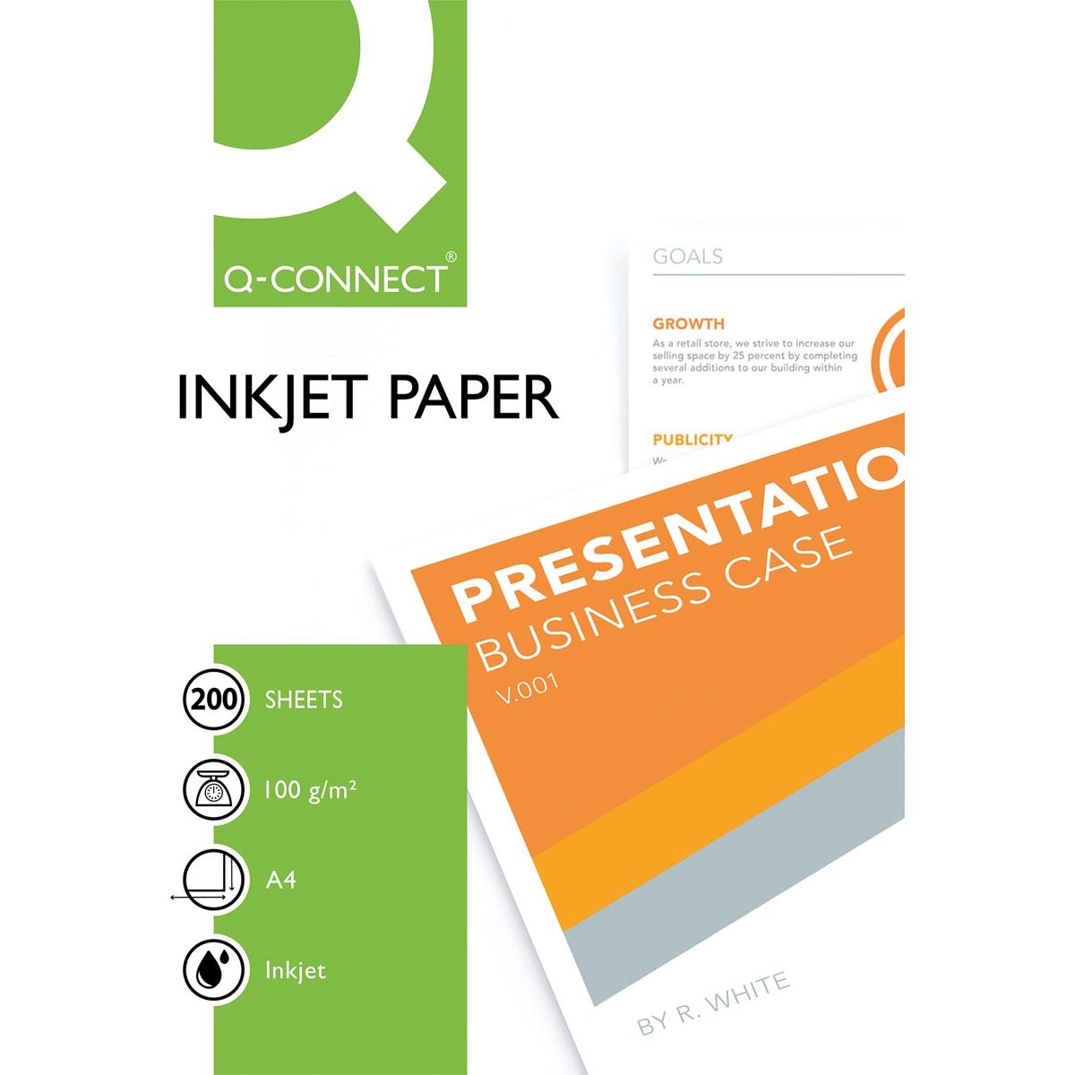 Q-CONNECT - papel para inyección de tinta, pies A4, 100 g, paquete de 200 hojas, blanco