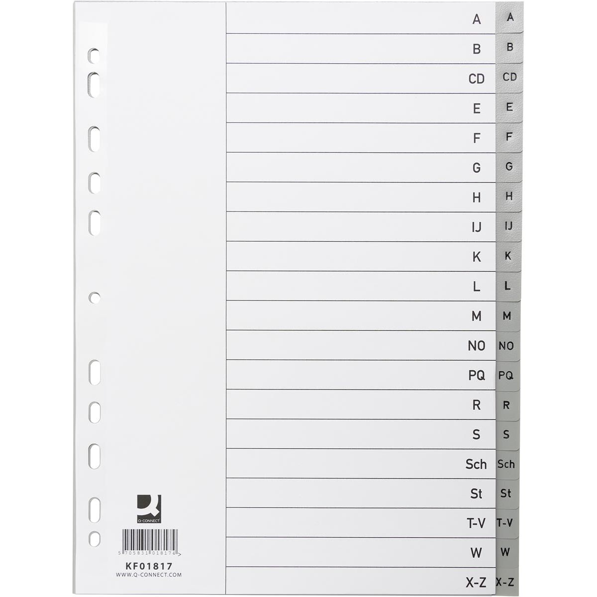 Q-CONNECT - separatori, A4, PP, perforazione a 11 fori, con indice, set da A-Z, 20 separatori, grigio