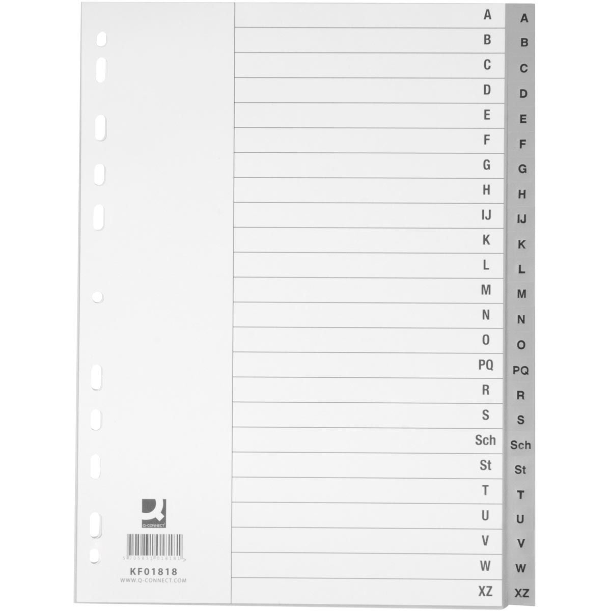 Q-CONNECT - tabbladen, A4, PP, 4-gaatsperforatie, met indexblad, set van A-Z, 24 tabs, grijs